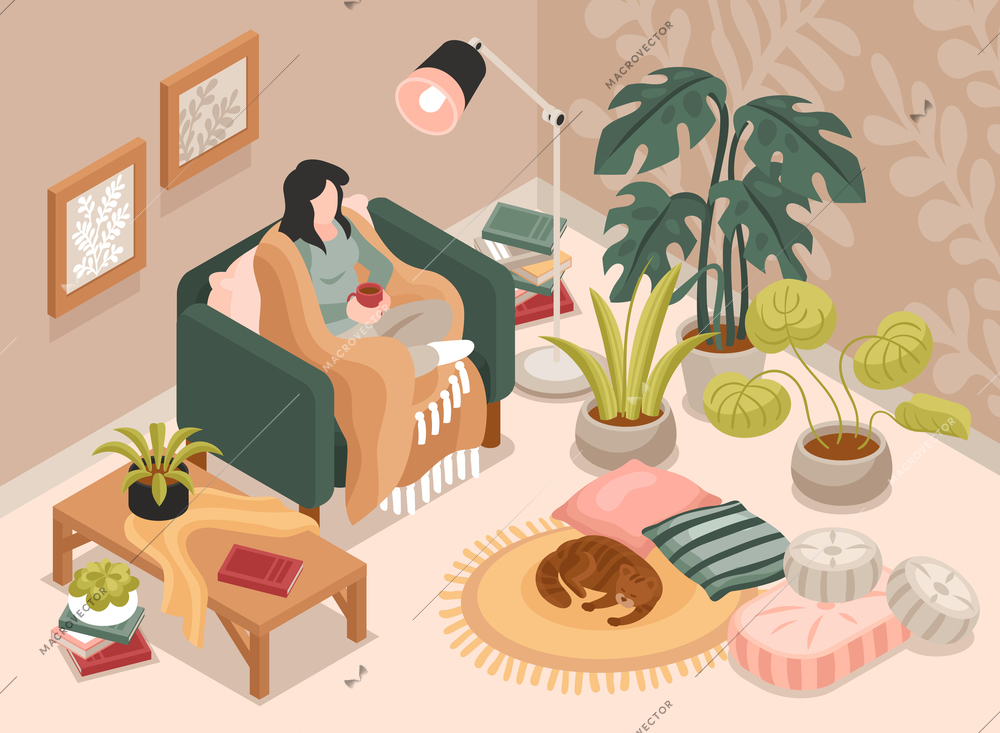 Woman with cup of coffee sitting in armchair in cozy living room 3d isometric vector illustration