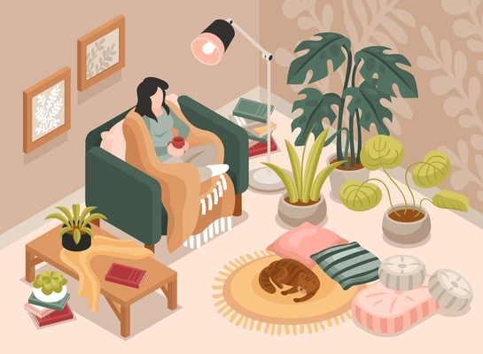 Woman with cup of coffee sitting in armchair in cozy living room 3d isometric vector illustration