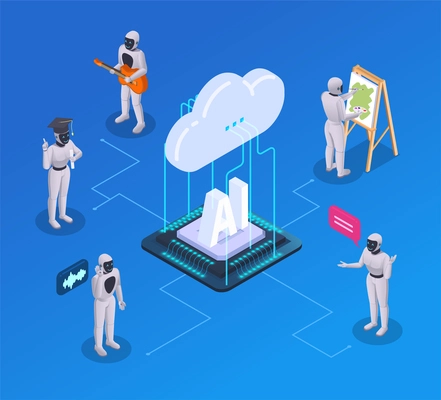 Artificial intelligence isometric composition with isolated characters of robots activities with flowchart chip and cloud icons vector illustration