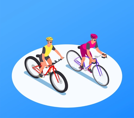 People on bicycles isometric blue background with two  riding teens in helmets and glasses vector illustration