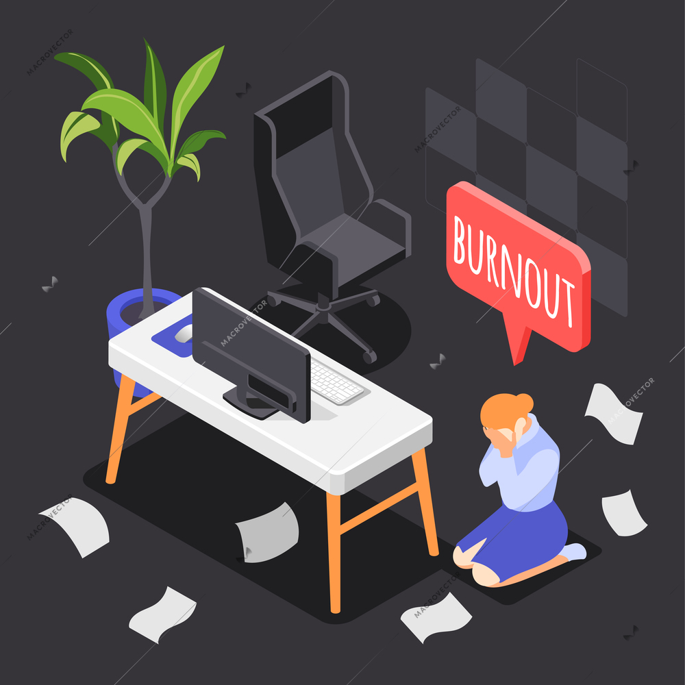 Burn-out syndrome isometric background with overwork and overtime symbols vector illustration