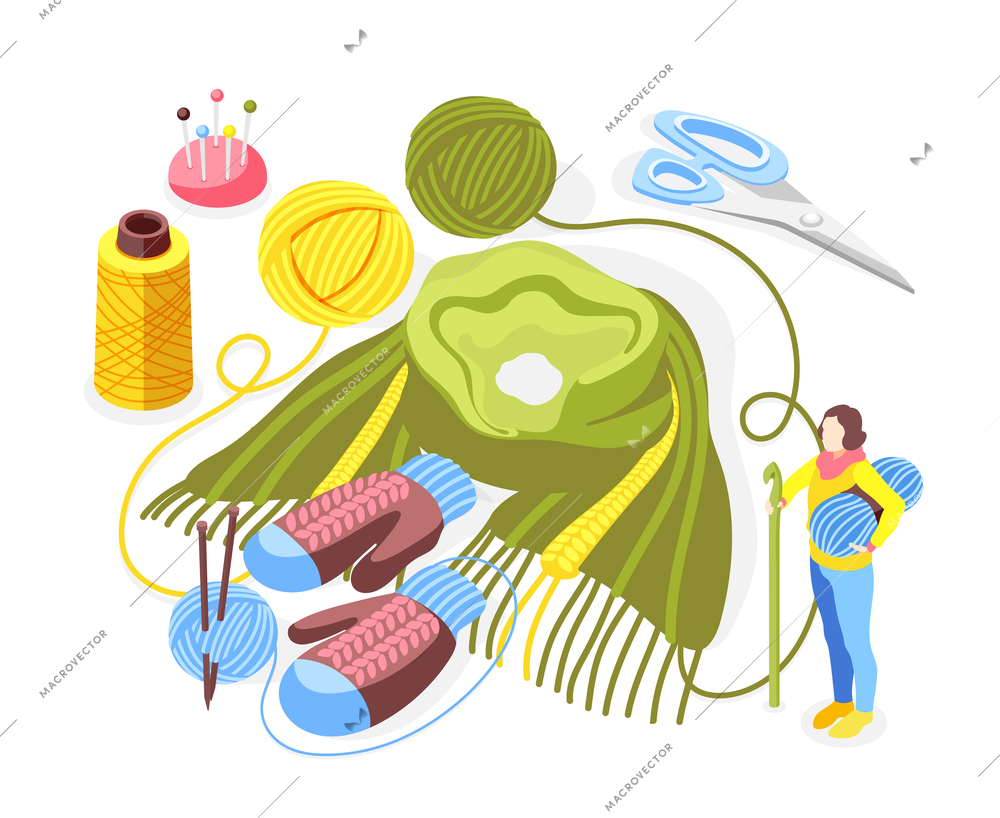 Knitting isometric composition with images of wool balls needles scissors and finished works scarf and gloves vector illustration