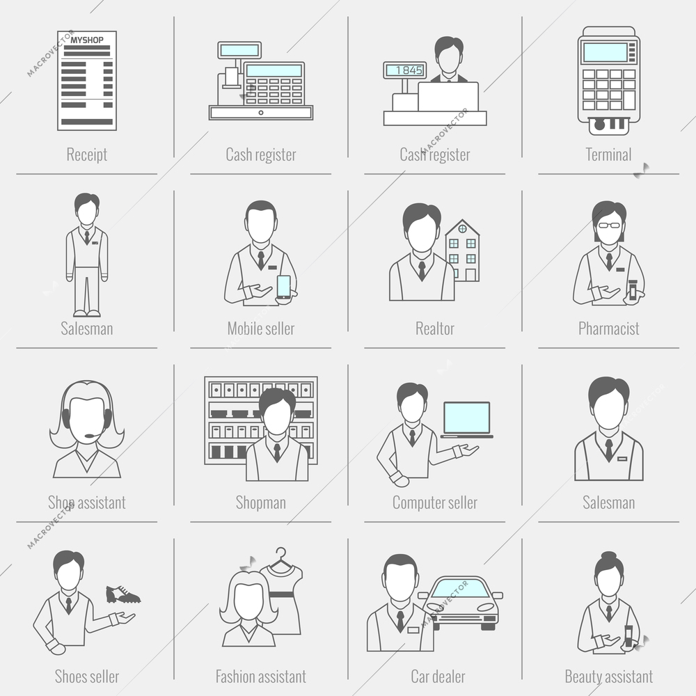 Salesman icons flat line set isolated with receipt cash register realtor isolated vector illustration