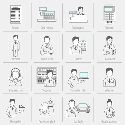 Salesman icons flat line set isolated with receipt cash register realtor isolated vector illustration