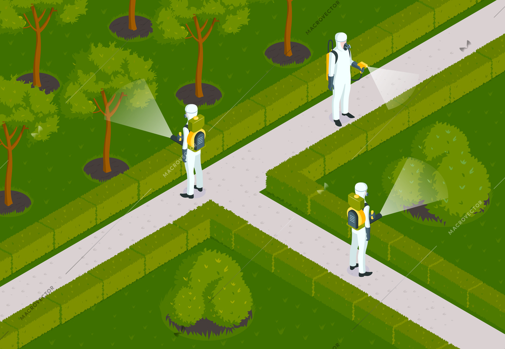 Isometric pest control composition with outdoor garden scenery and desinsection team of workers in chemical suits vector illustration