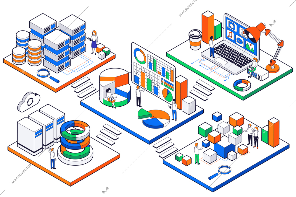 Big data science analysis isometric set with abstract rooms servers information bases and charts