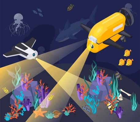 Isometric underwater vehicles machines equipment composition with two machines dive into a deep sea vector illustration