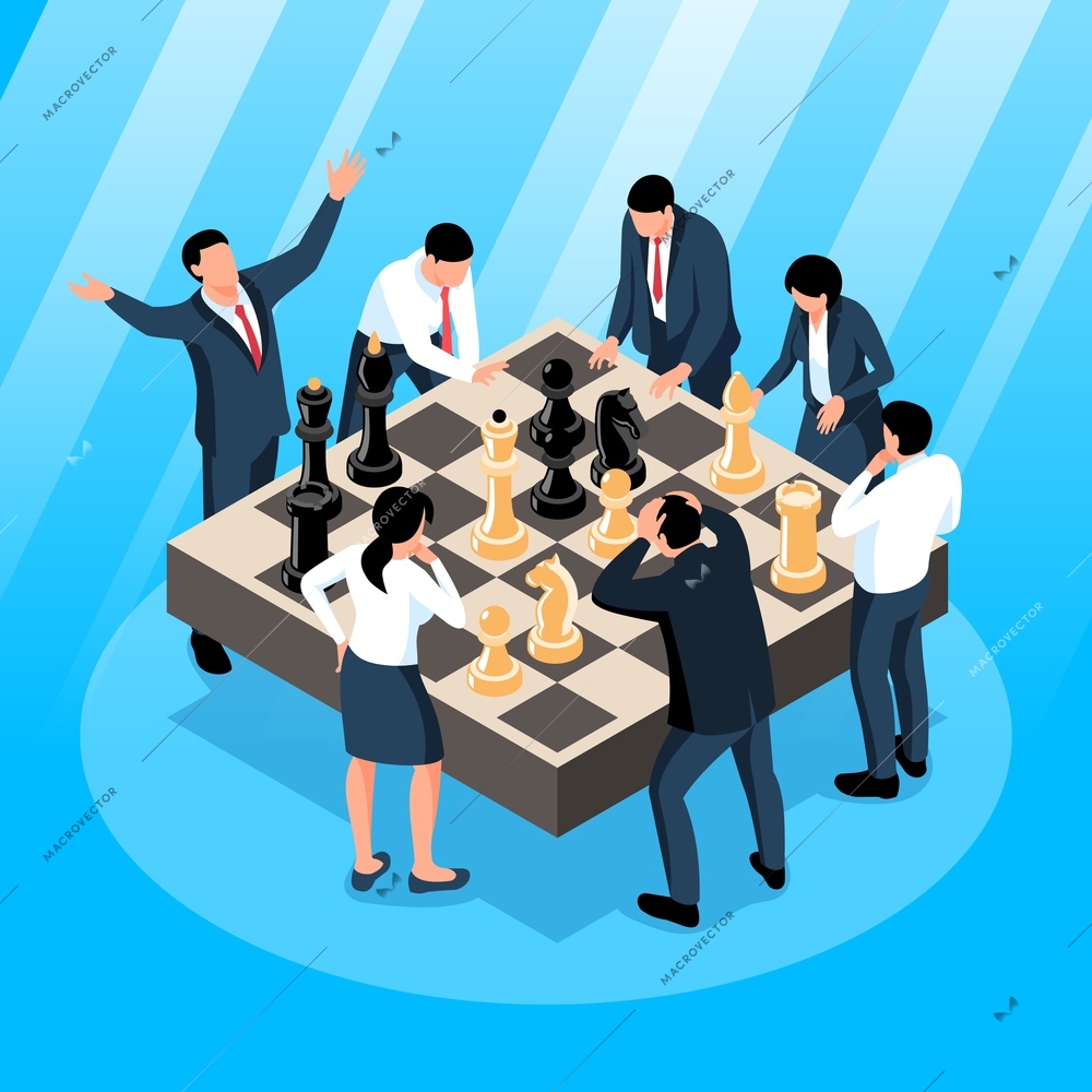 Isometric chess business composition with view of chequerboard with figures surrounded by group of office workers vector illustration