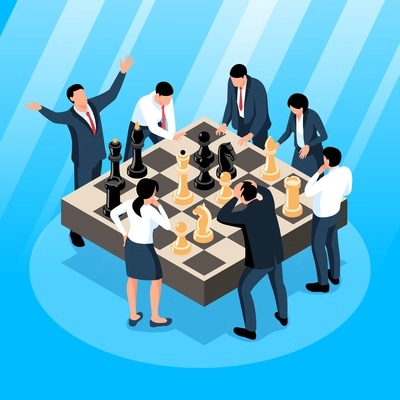 Isometric chess business composition with view of chequerboard with figures surrounded by group of office workers vector illustration