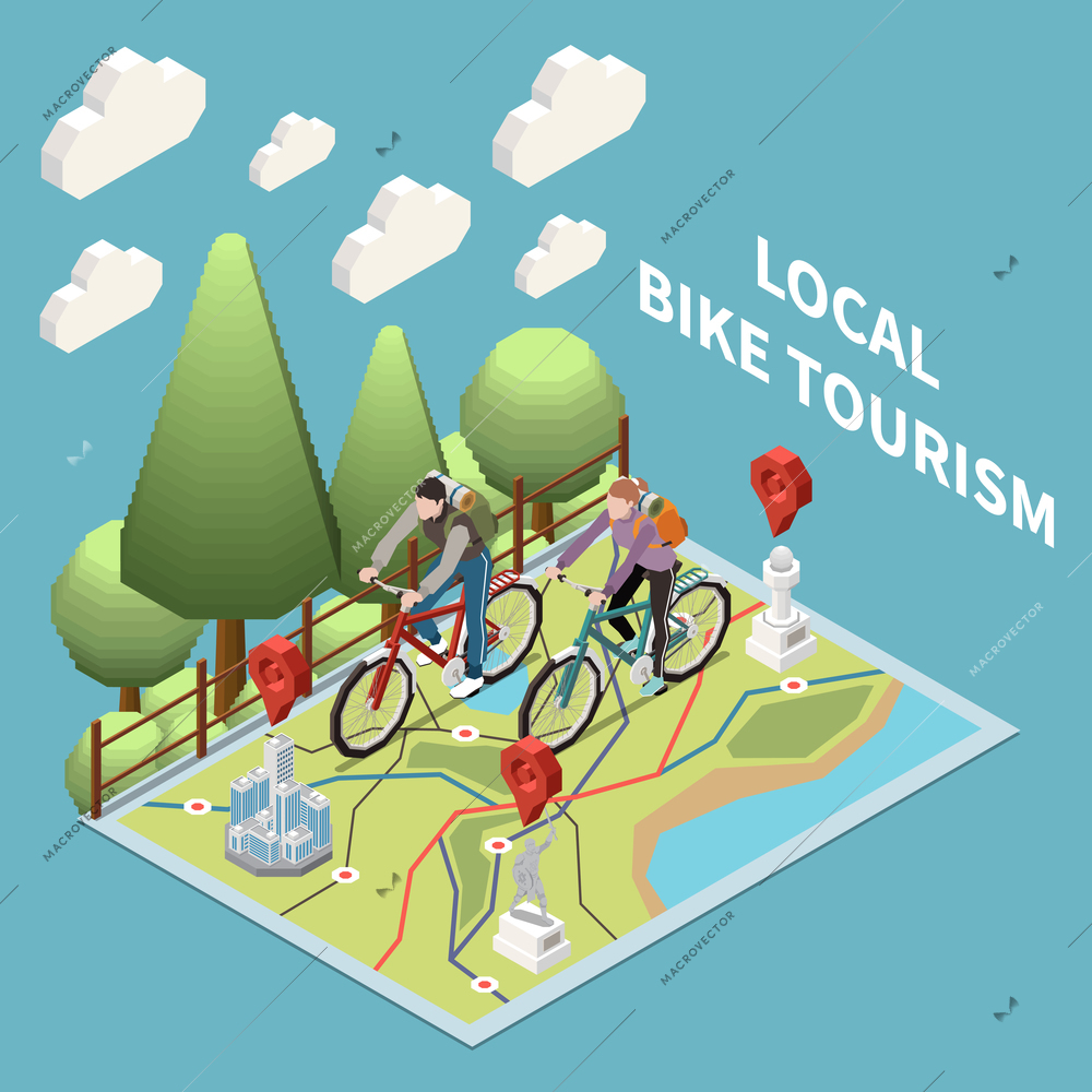 Local tourism isometric concept with map points of destination and two people riding bikes 3d vector illustration