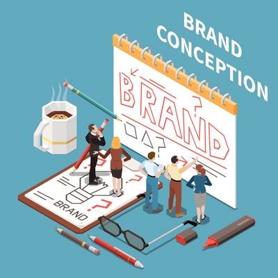 Brand building isometric concept with employees drawing on paper 3d vector illustration