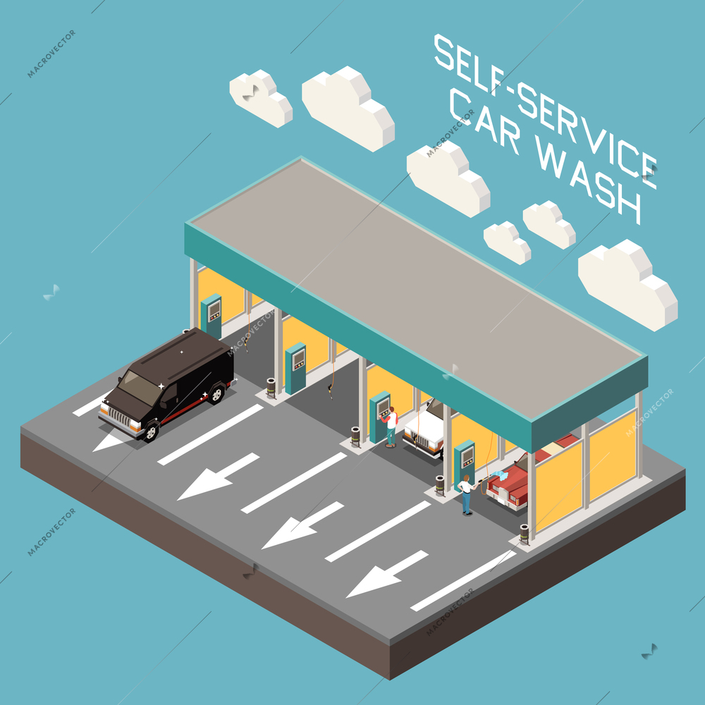 Isometric composition of self service car wash building on blue background 3d vector illustration