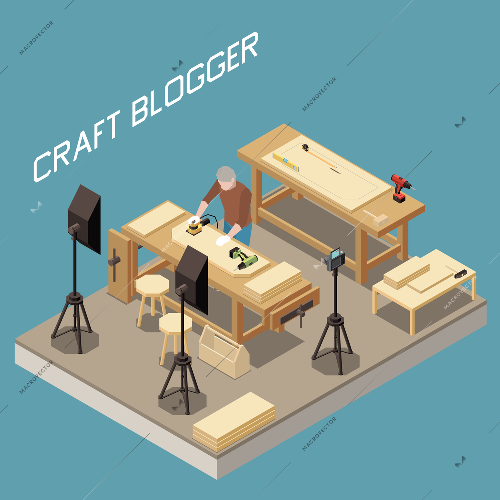 Isometric vlogging composition with craft blogger recording video about making products of wood 3d vector illustration
