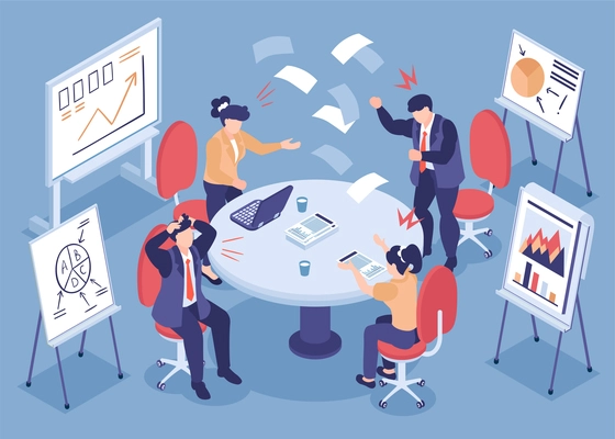 Everyday stress isometric background with emotional employees expressively discussing business problem in office vector illustration