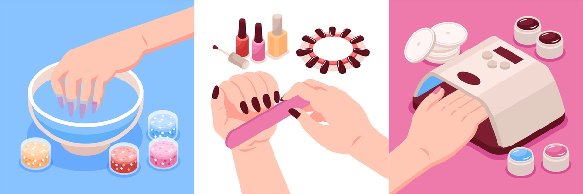 Equipment and accessories for manicure isometric design concept set of three square compositions with female hands vector illustration