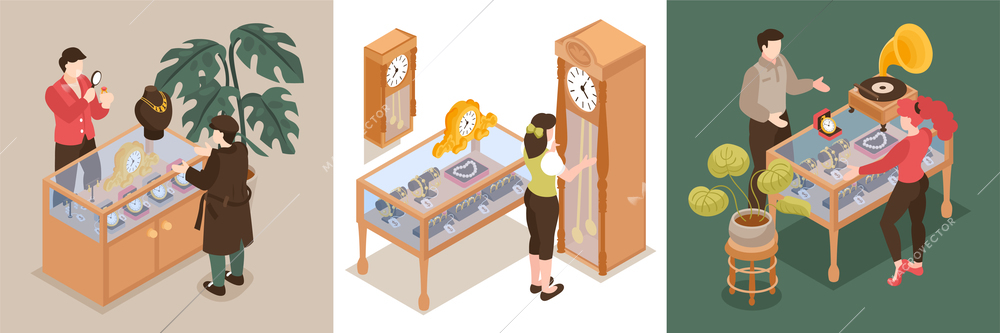 Pawn shop design concept set of three square compositions with pawnbrokers and customers buying or selling precious things vector illustration