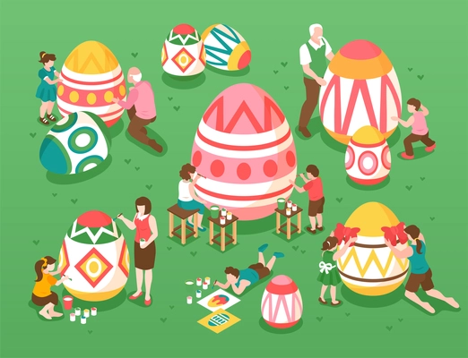 Easter isometric green background with children and adult characters preparing for family holiday vector illustration