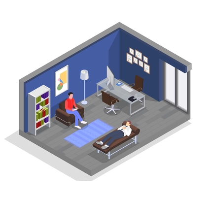 Professional burnout depression frustration isometric composition with view of psychologists office with lying patient and doctor vector illustration