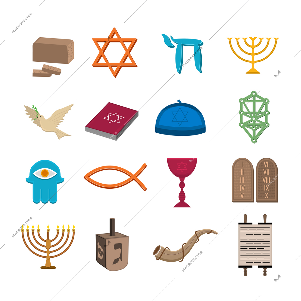 Judaism church traditional symbols icons set isolated vector illustration