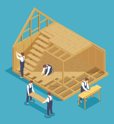 Modular frame building isometric composition with characters of workers and view of living house under construction vector illustration