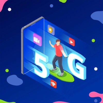 5g high speed internet isometric composition with human character on skate and smartphone with 5g icons vector illustration