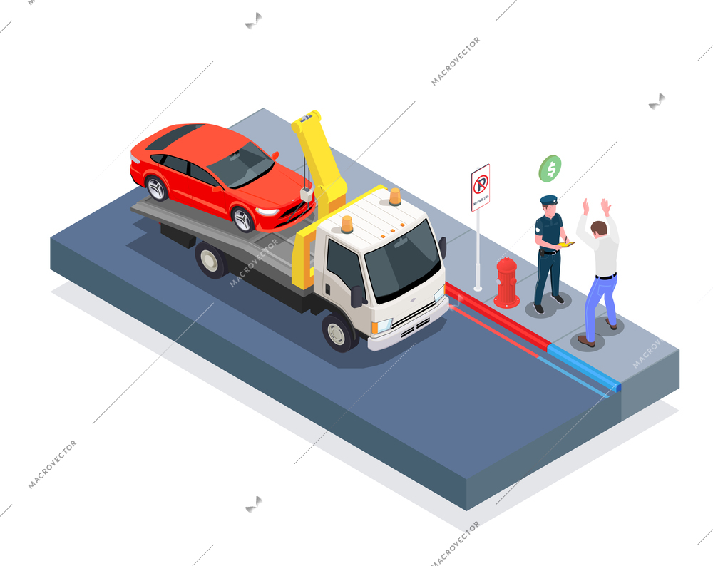 Car evacuation isometric design concept with tow truck policeman  driver and sign parking is  prohibited vector illustration