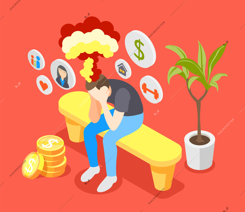 Man suffering from money stress relationship problems physical fatigue emotional exhaustion burnout colorful isometric composition vector illustration