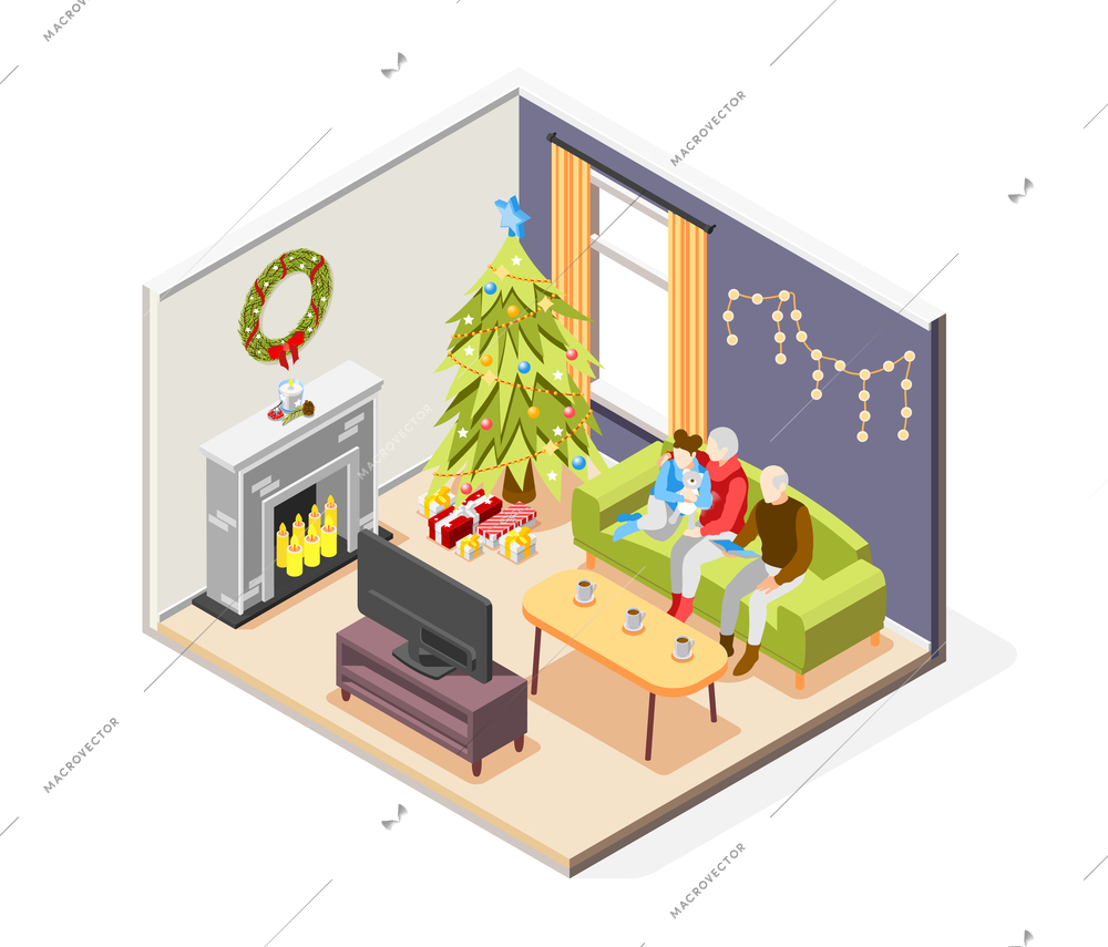 Christmas mood isometric composition with family watching tv home decorated with firtree and light garland vector illustration