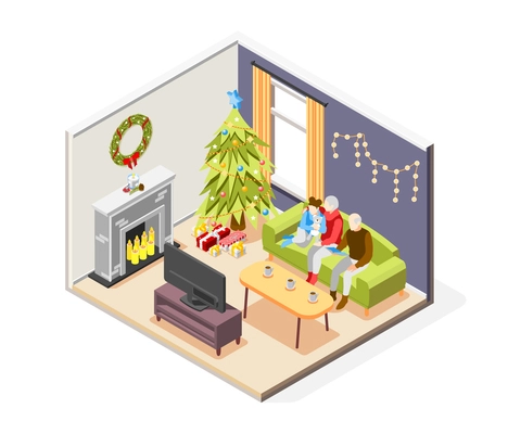 Christmas mood isometric composition with family watching tv home decorated with firtree and light garland vector illustration