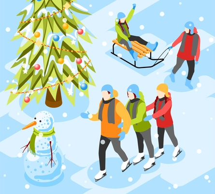 Winter snow fun isometric composition with family skating children enjoying sleigh ride christmas tree snowman vector illustration