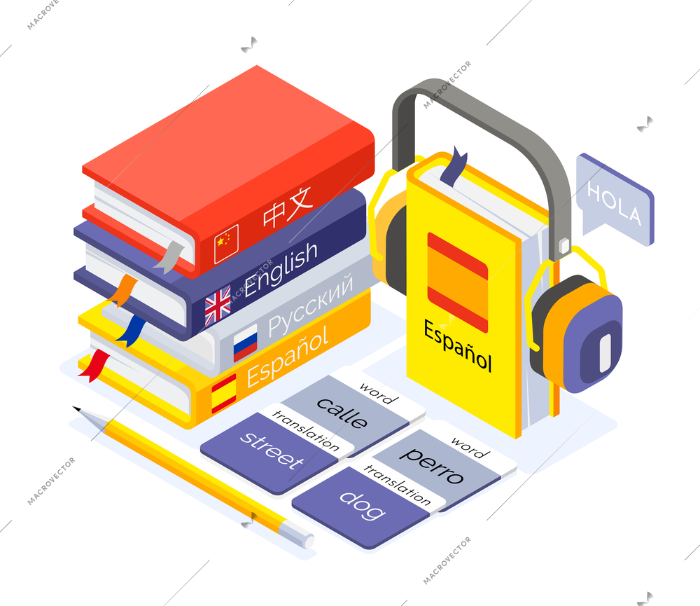 Foreign language courses isometric composition with learning spanish online with textbooks headphone audio support vector illustration