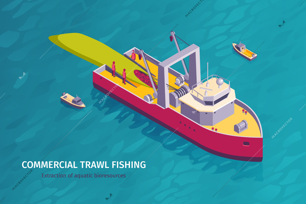 Isometric commercial fishing horizontal banner with open sea background and trawl boat with members of crew vector illustration