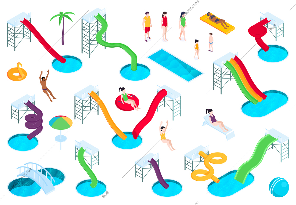 Isometric water aqua park composition with isolated images of slides towers pools people and rubber toys vector illustration