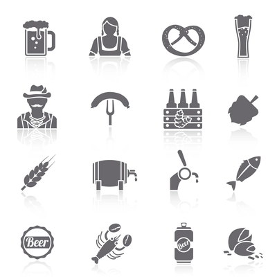 Beer icons black set with barrel bottle glass and fork with sausage isolated vector illustration