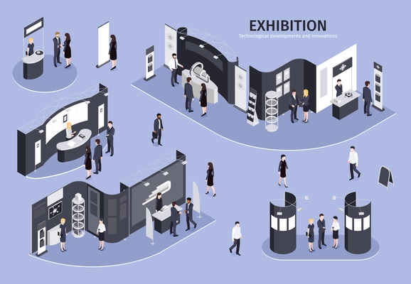 People visiting exhibition on theme technological developments and innovations isometric vector   illustration with different exhibit booths on lilac background