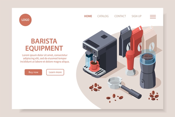 Professional barista coffee equipment isometric website page with clickable links buttons and editable text with images vector illustration