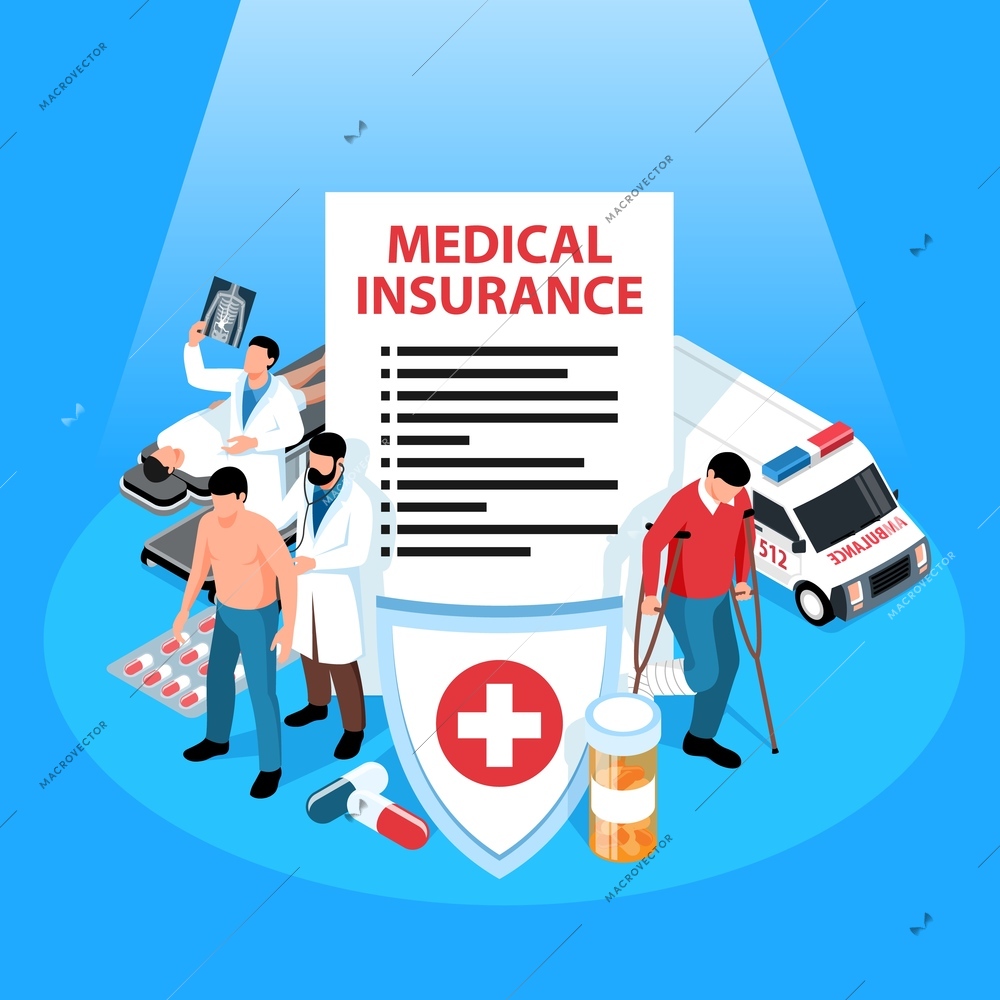 Isolated insurance isometric composition with icons of agreement shield medicine pills ambulance and characters of doctors vector illustration