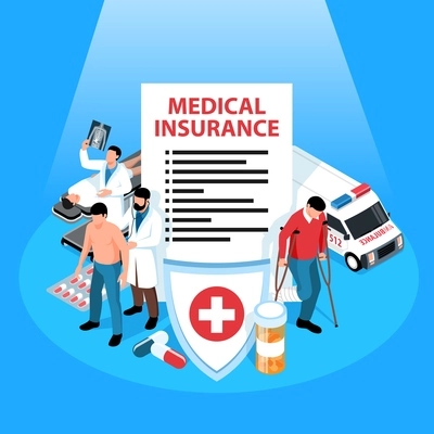 Isolated insurance isometric composition with icons of agreement shield medicine pills ambulance and characters of doctors vector illustration