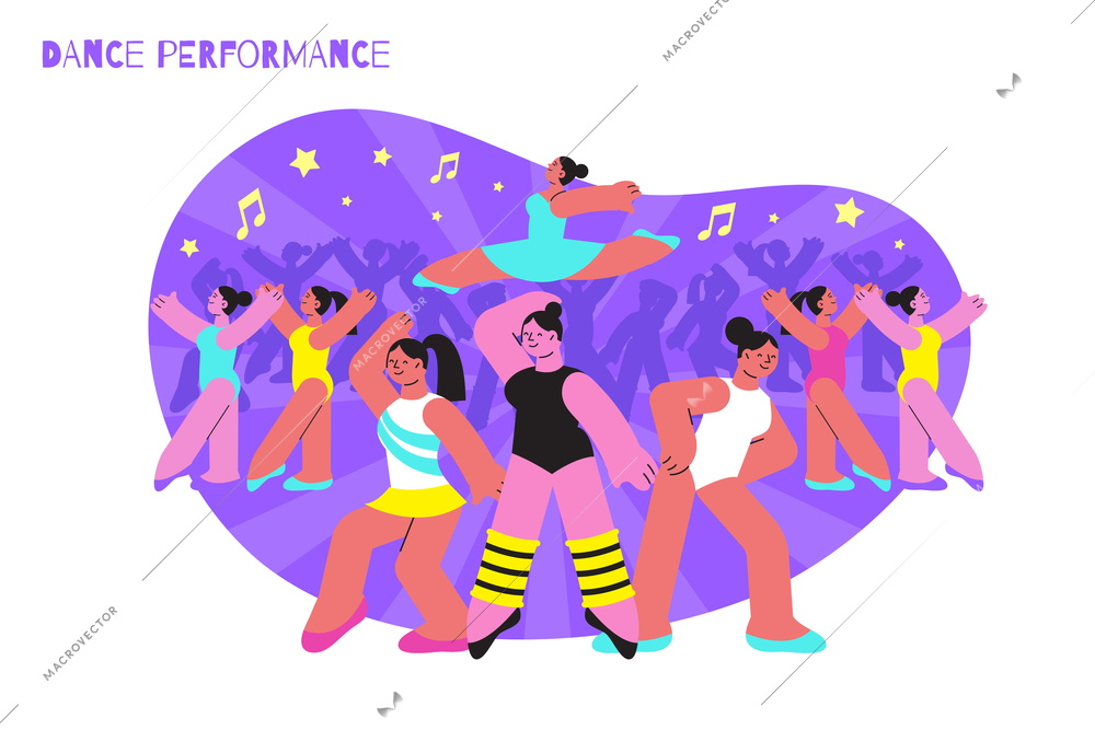 Dance performance colorful bright composition with group of female dancers and music signs flat vector illustration