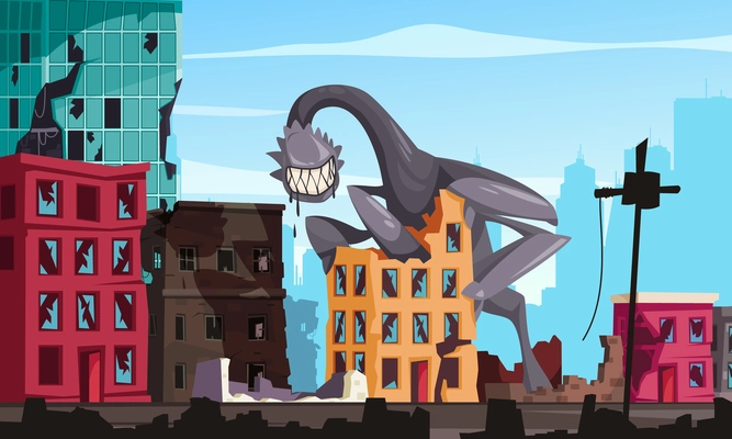 Cartoon monster with big teeth destroying city buildings vector illustration