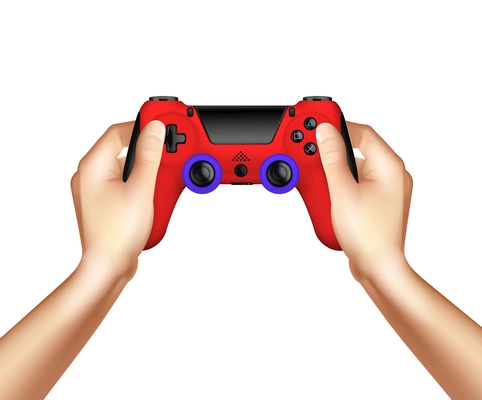 Video game realistic design concept with wireless gamepad controller in human hands on white background vector illustration