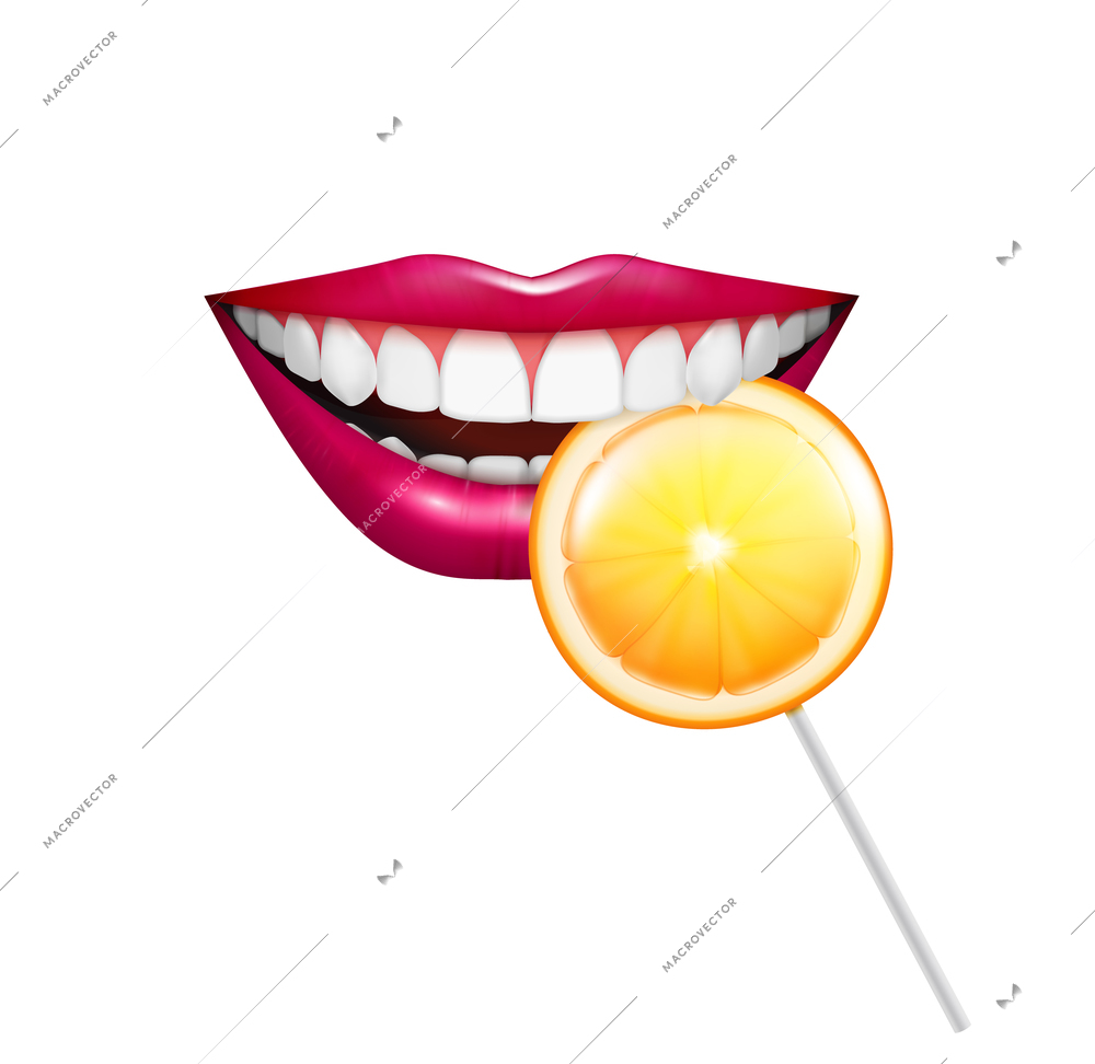 Candies caramel lollypops realistic composition with images of human mouth biting citrus shaped candy on stick vector illustration