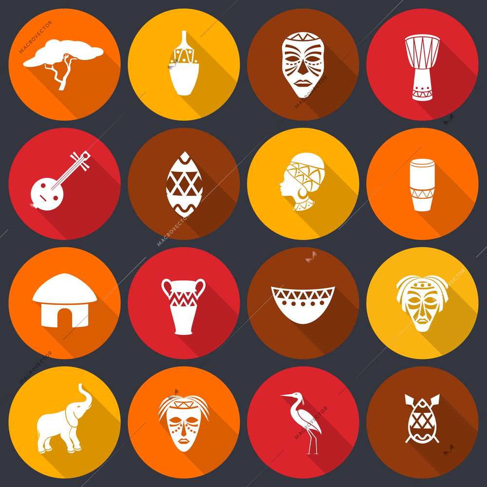 Africa jungle ethnic tribe icons set flat with house shields masks isolated vector illustration