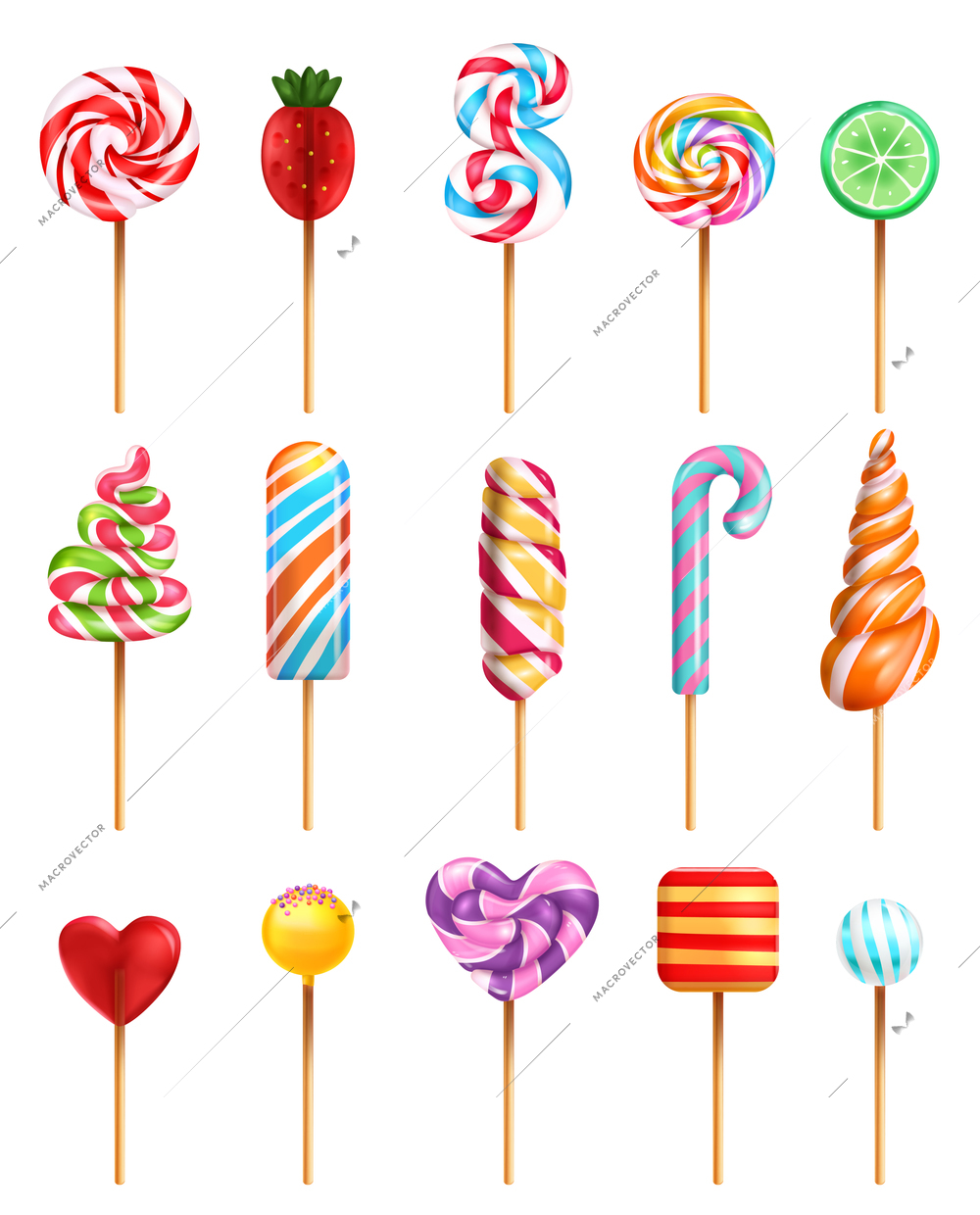 Lollipop candy various taste flavor shape spiral rainbow strawberry heart green lime slice realistic set vector illustration