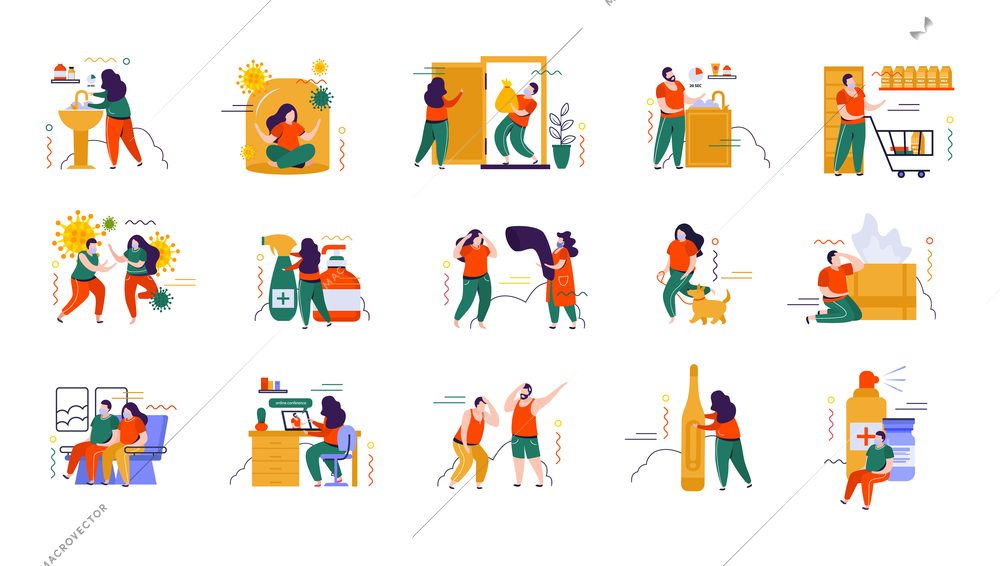 Hygiene and protection flat color set of people washing hands using mask in transport and sanitizer for disinfection isolated vector illustration