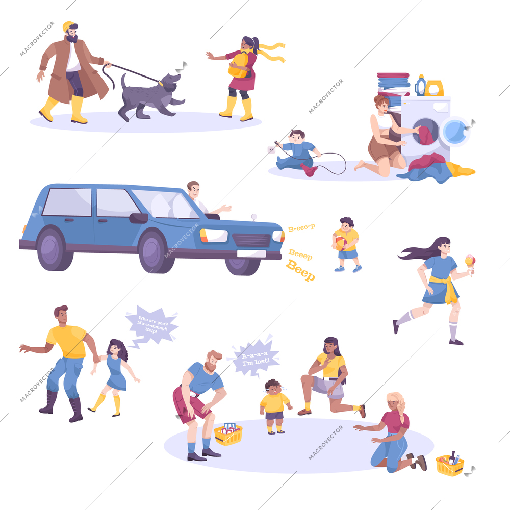 Child safety set with kidnapping and cars flat isolated vector illustration