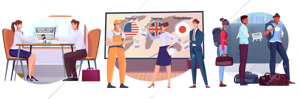 Flat composition set with migrants from different countries waiting with bags getting work visa isolated vector illustration