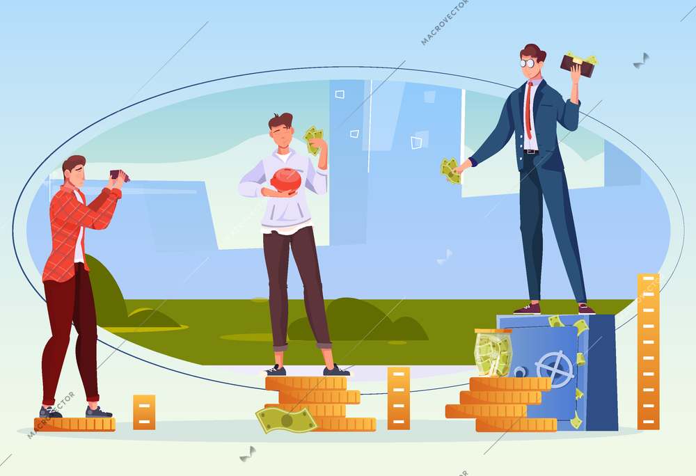 Flat design concept with three human characters with different level of income vector illustration