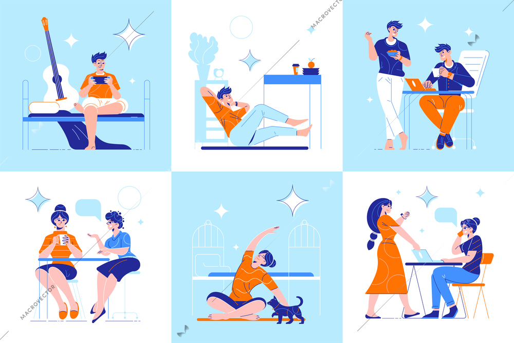 Daily routine concept 6 flat compositions with men women home in cafe chatting messaging exercising vector illustration