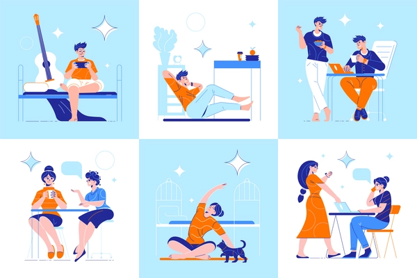 Daily routine concept 6 flat compositions with men women home in cafe chatting messaging exercising vector illustration